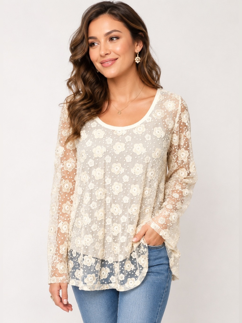 Anthropology Floral Pattern Long Sleeve Beige Blouse Lightweight lining size M